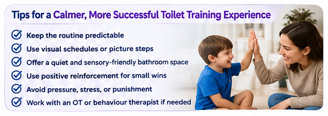 These strategies are not a replacement for therapy, but they can help make toileting calmer and more predictable.