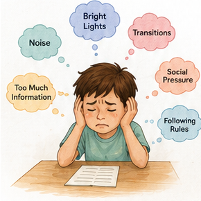 Child feeling overwhelmed by noise, light, transitions, and social pressure at school.
