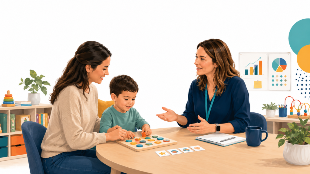 Child participating in a one-to-one ABA therapy session with parent and therapist.