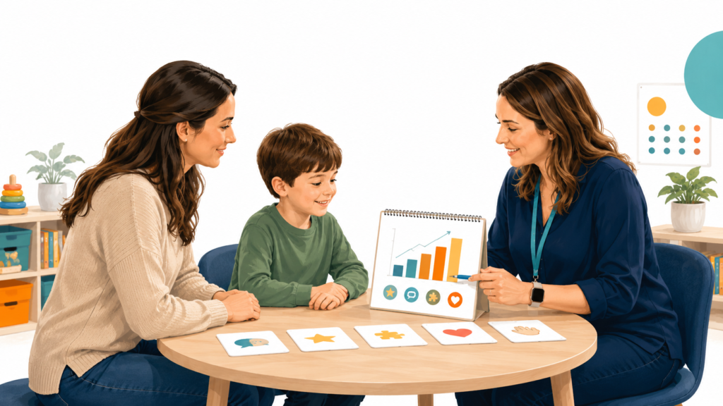 Therapist reviewing ABA therapy progress goals with parent and child.