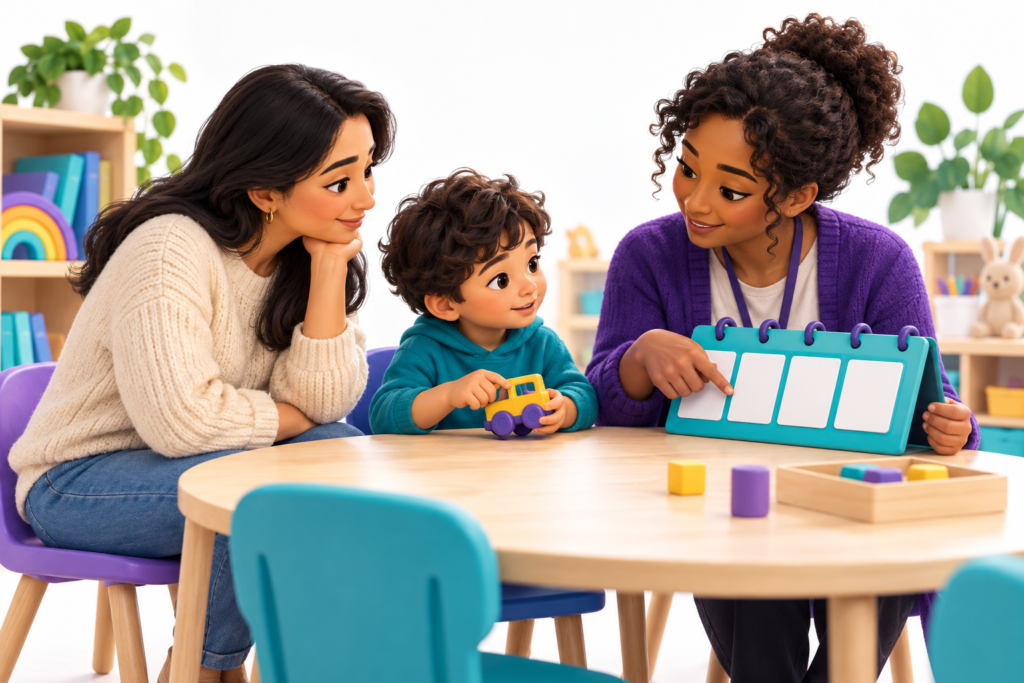Parent and support professional using picture cards with a child at a table.
