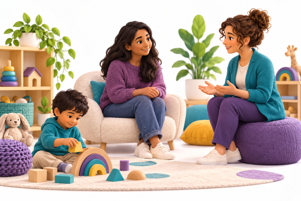 Therapist discussing options with a parent while a child explores a toy in a therapy room.