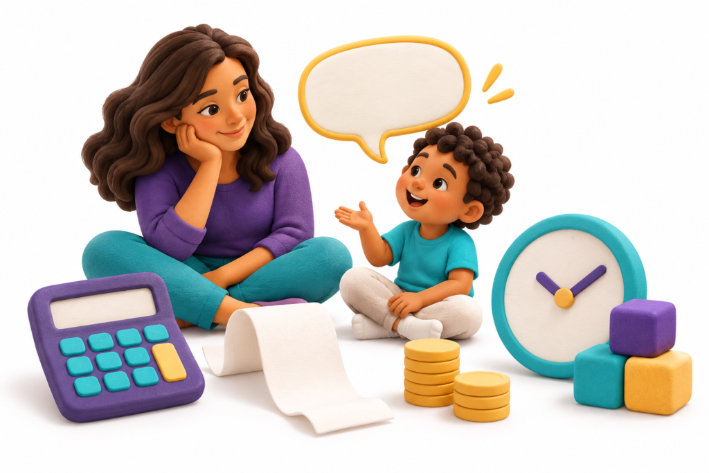 Speech therapy cost illustration with a calculator, clock, receipt, and coins beside a parent and child.