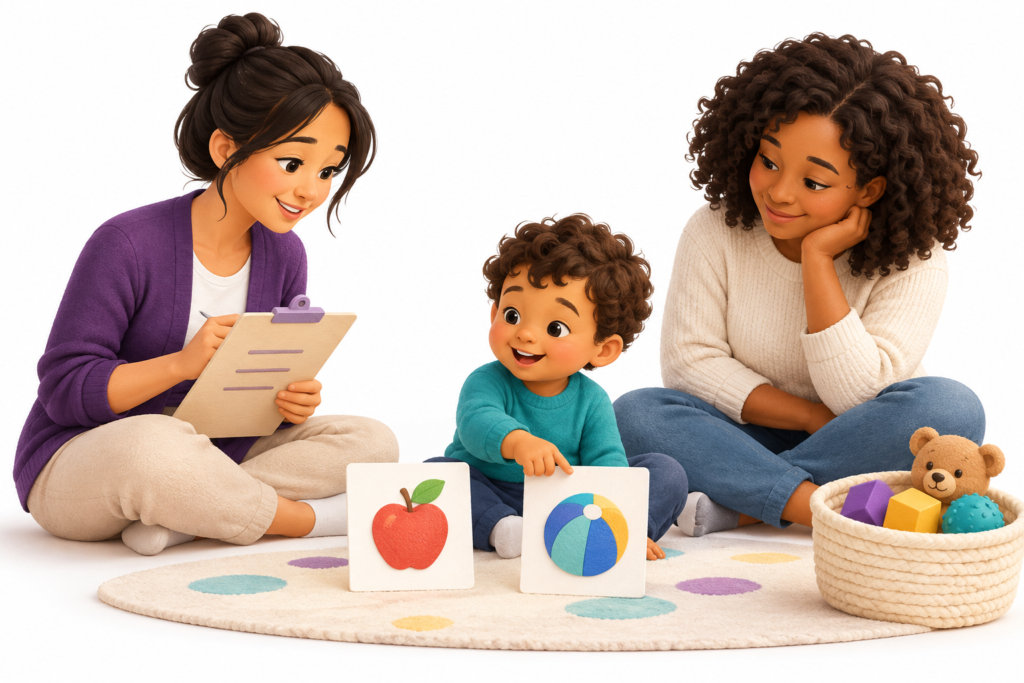 Speech-language therapist observing a child using picture cards while a parent watches.