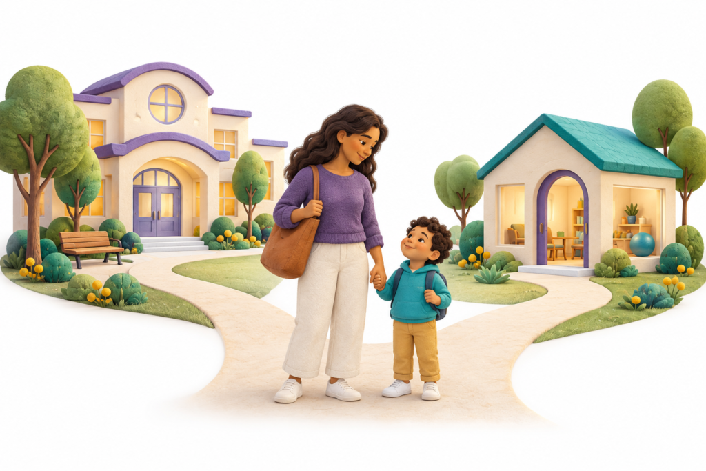 Parent and child exploring community and private clinic options for speech therapy.