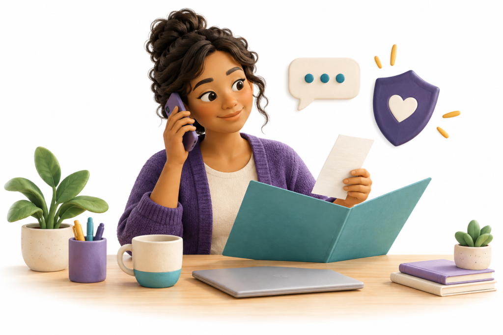 Parent calling an insurer while reviewing benefits paperwork for speech therapy.