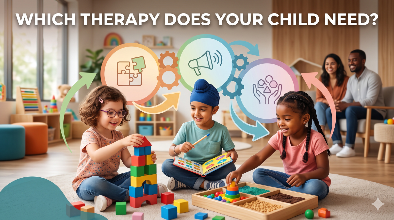 Three diverse children sitting on a playroom floor happily engaging in behavioral, speech, and occupational therapy activities, with a supportive mother and father watching from the background.